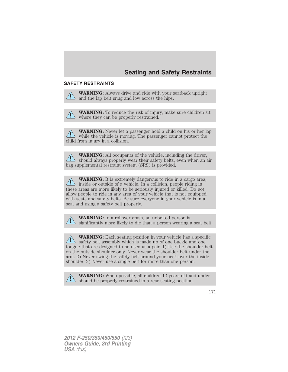 Safety restraints, Seating and safety restraints | FORD 2012 F-550 v.3 User Manual | Page 171 / 450