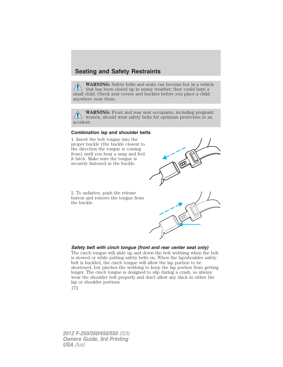 Combination lap and shoulder belts, Seating and safety restraints | FORD 2012 F-550 v.3 User Manual | Page 172 / 450