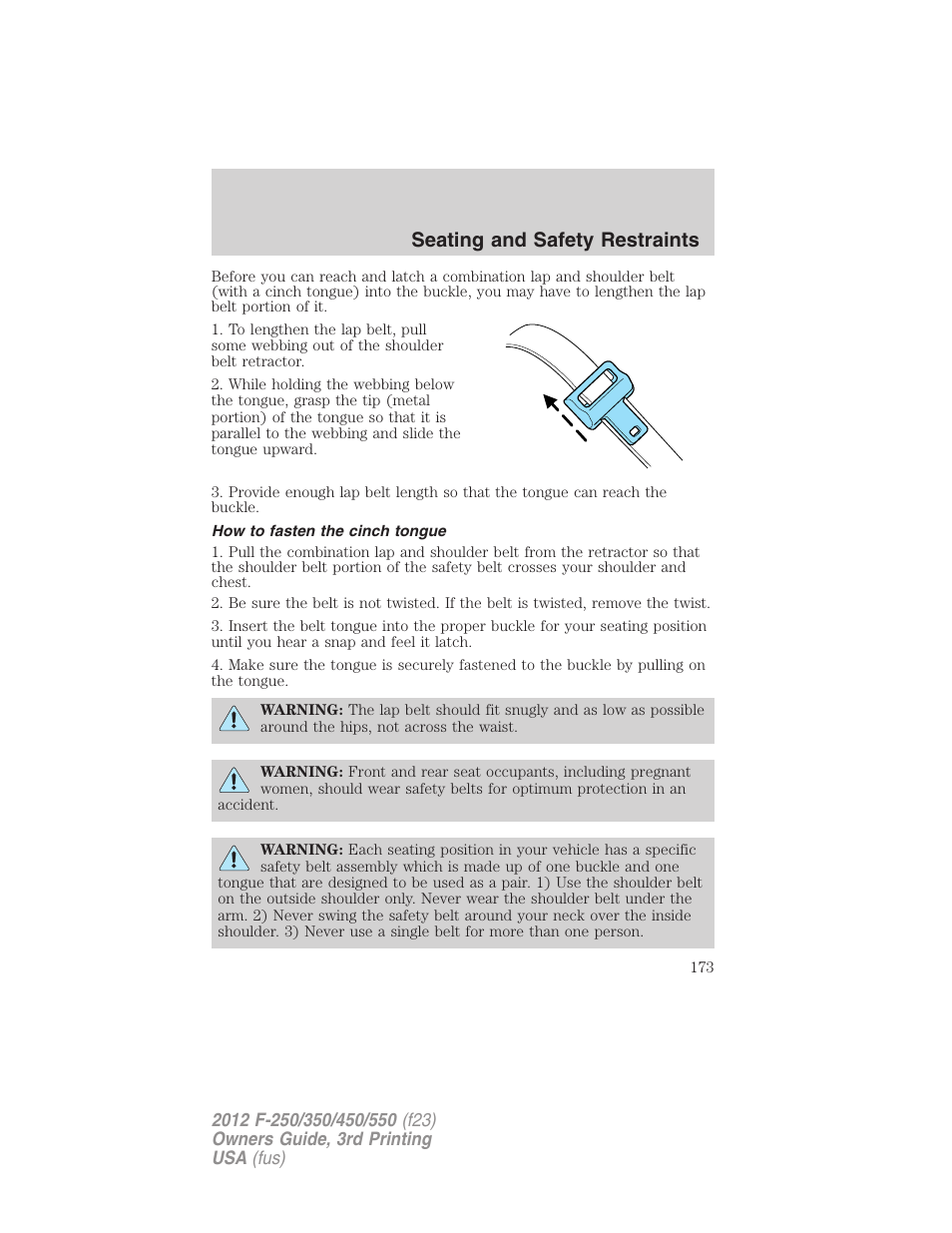 How to fasten the cinch tongue, Seating and safety restraints | FORD 2012 F-550 v.3 User Manual | Page 173 / 450