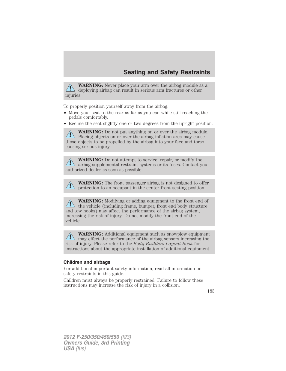 Children and airbags, Seating and safety restraints | FORD 2012 F-550 v.3 User Manual | Page 183 / 450