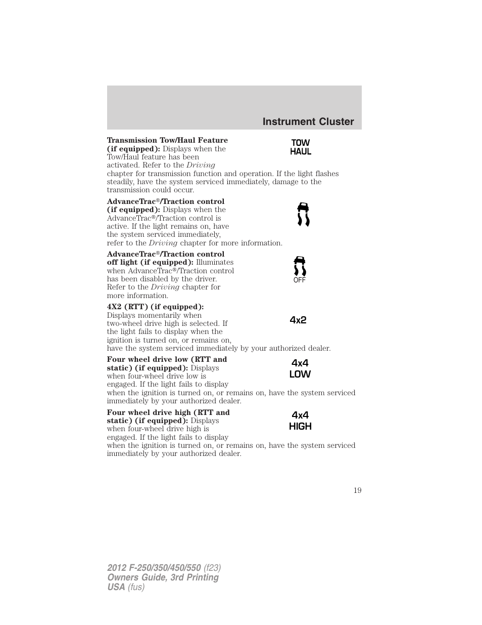 Instrument cluster | FORD 2012 F-550 v.3 User Manual | Page 19 / 450