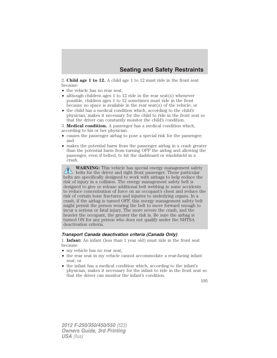 Seating and safety restraints | FORD 2012 F-550 v.3 User Manual | Page 195 / 450