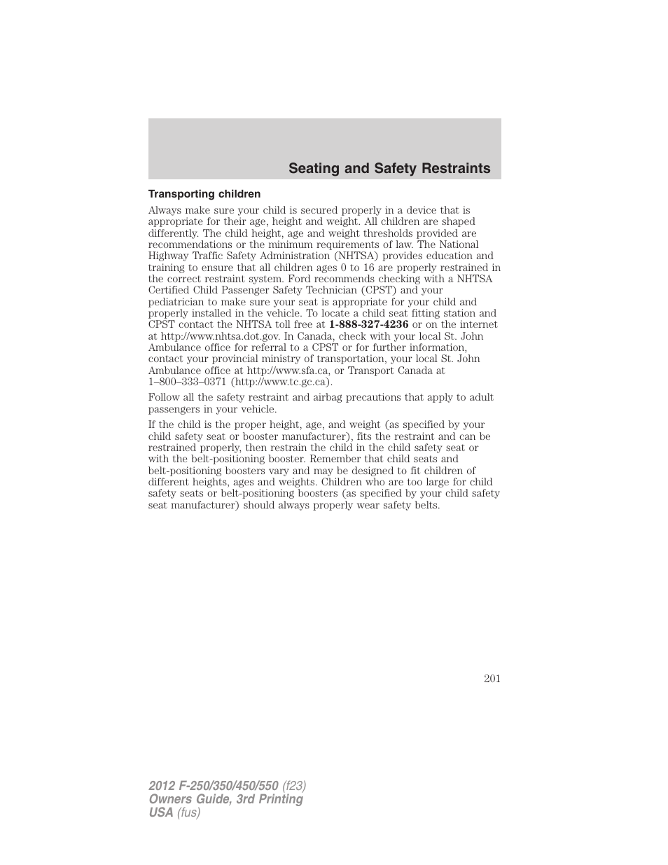 Transporting children, Seating and safety restraints | FORD 2012 F-550 v.3 User Manual | Page 201 / 450