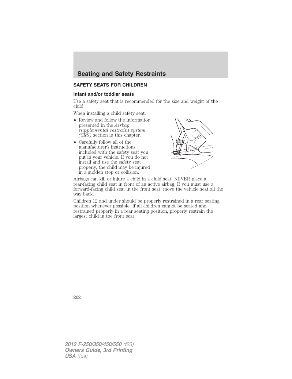 Safety seats for children, Infant and/or toddler seats, Seating and safety restraints | FORD 2012 F-550 v.3 User Manual | Page 202 / 450