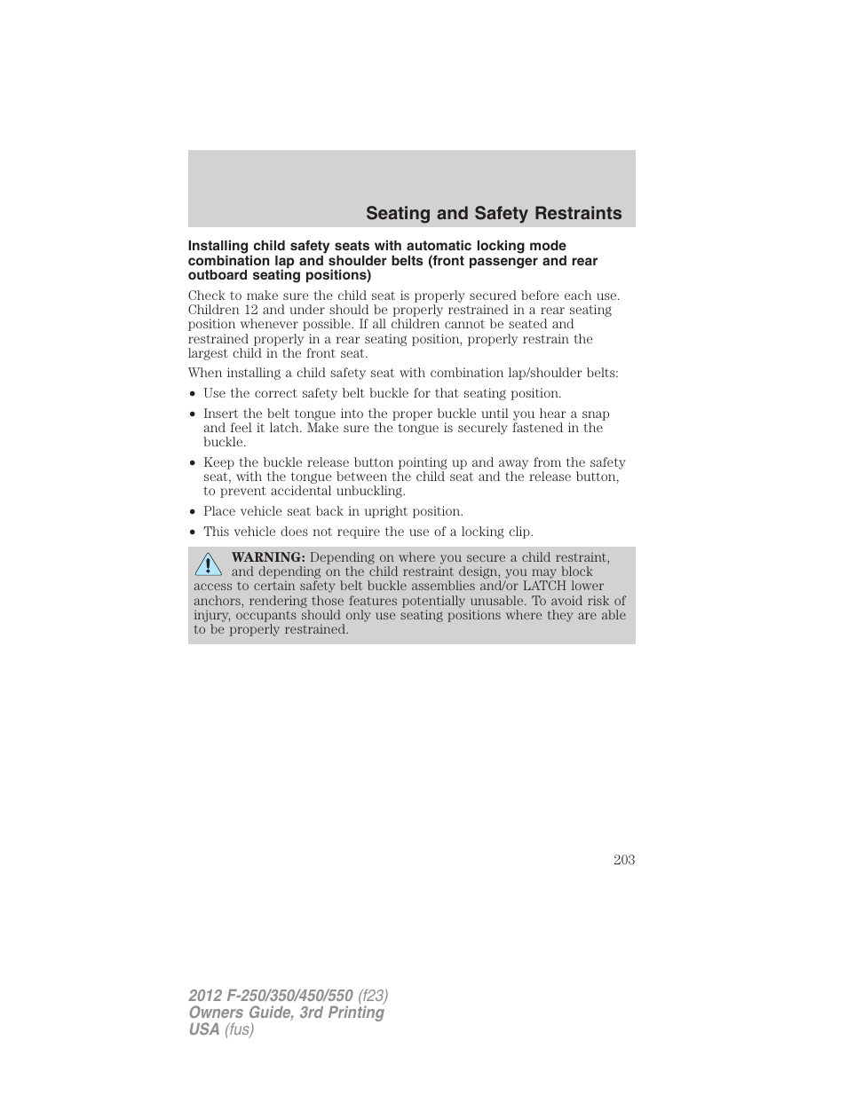 Seating and safety restraints | FORD 2012 F-550 v.3 User Manual | Page 203 / 450