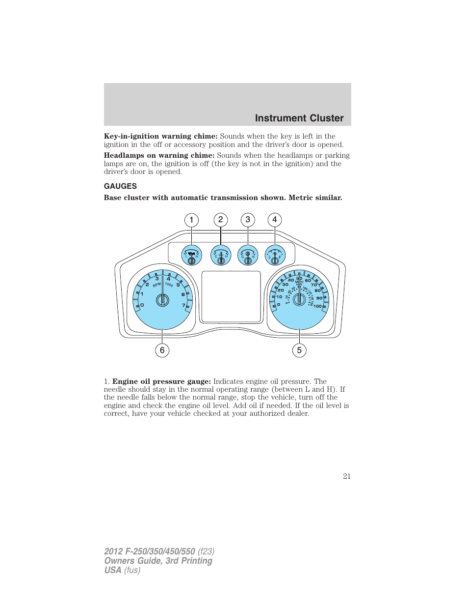 Gauges, Instrument cluster | FORD 2012 F-550 v.3 User Manual | Page 21 / 450