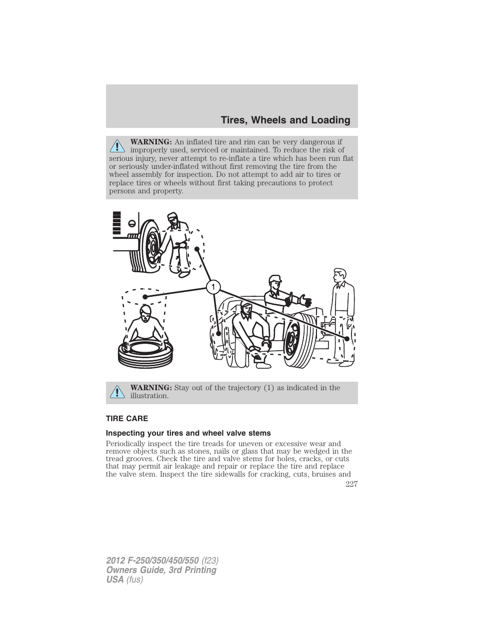 Tire care, Inspecting your tires and wheel valve stems, Tires, wheels and loading | FORD 2012 F-550 v.3 User Manual | Page 227 / 450