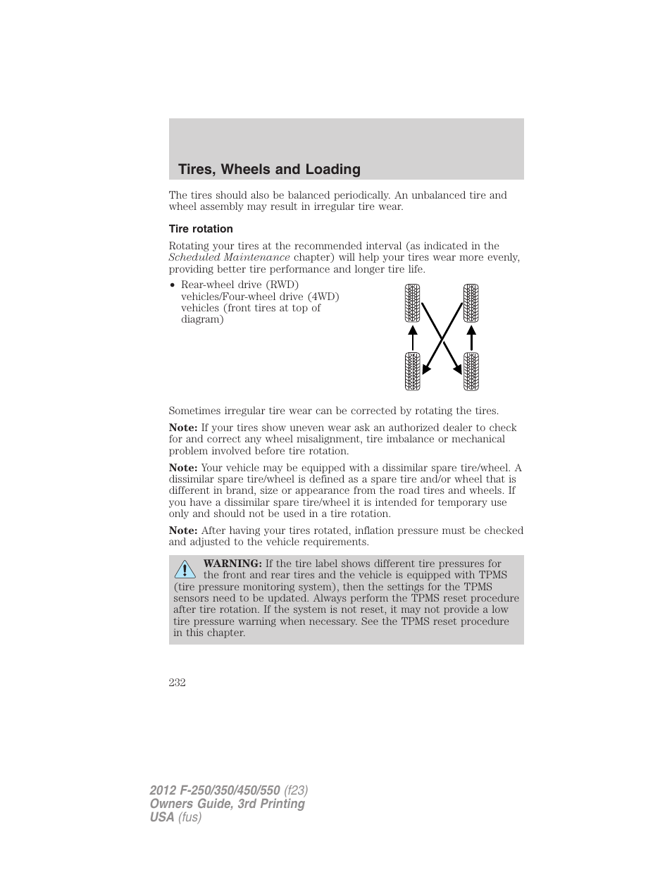Tire rotation, Tires, wheels and loading | FORD 2012 F-550 v.3 User Manual | Page 232 / 450