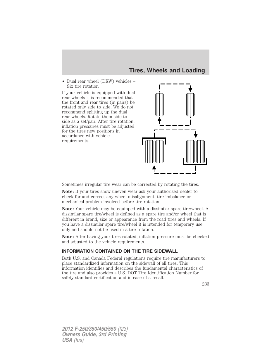 Information contained on the tire sidewall, Tires, wheels and loading | FORD 2012 F-550 v.3 User Manual | Page 233 / 450