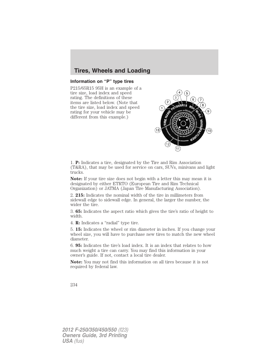 Information on “p” type tires, Tires, wheels and loading | FORD 2012 F-550 v.3 User Manual | Page 234 / 450