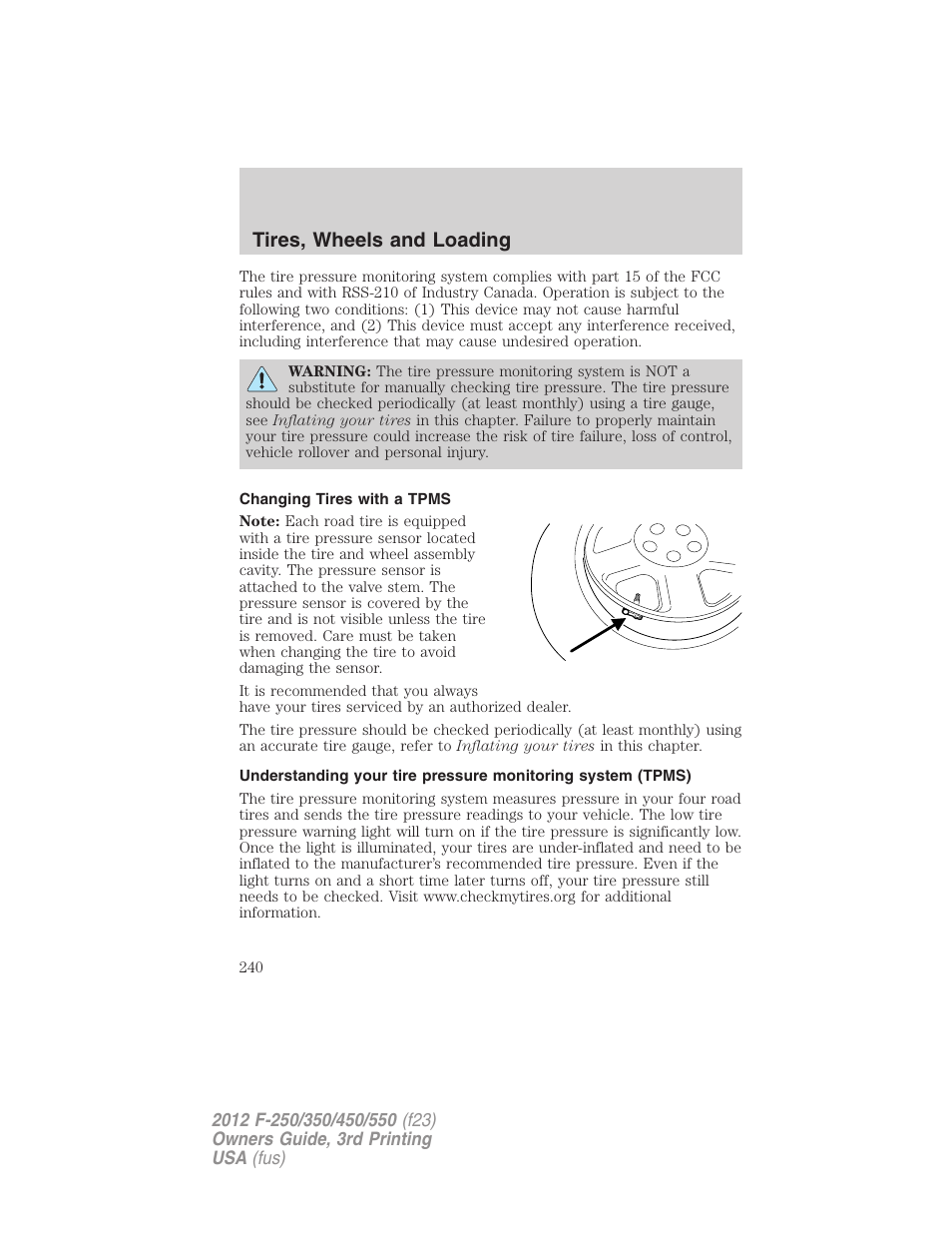 Changing tires with a tpms, Tires, wheels and loading | FORD 2012 F-550 v.3 User Manual | Page 240 / 450