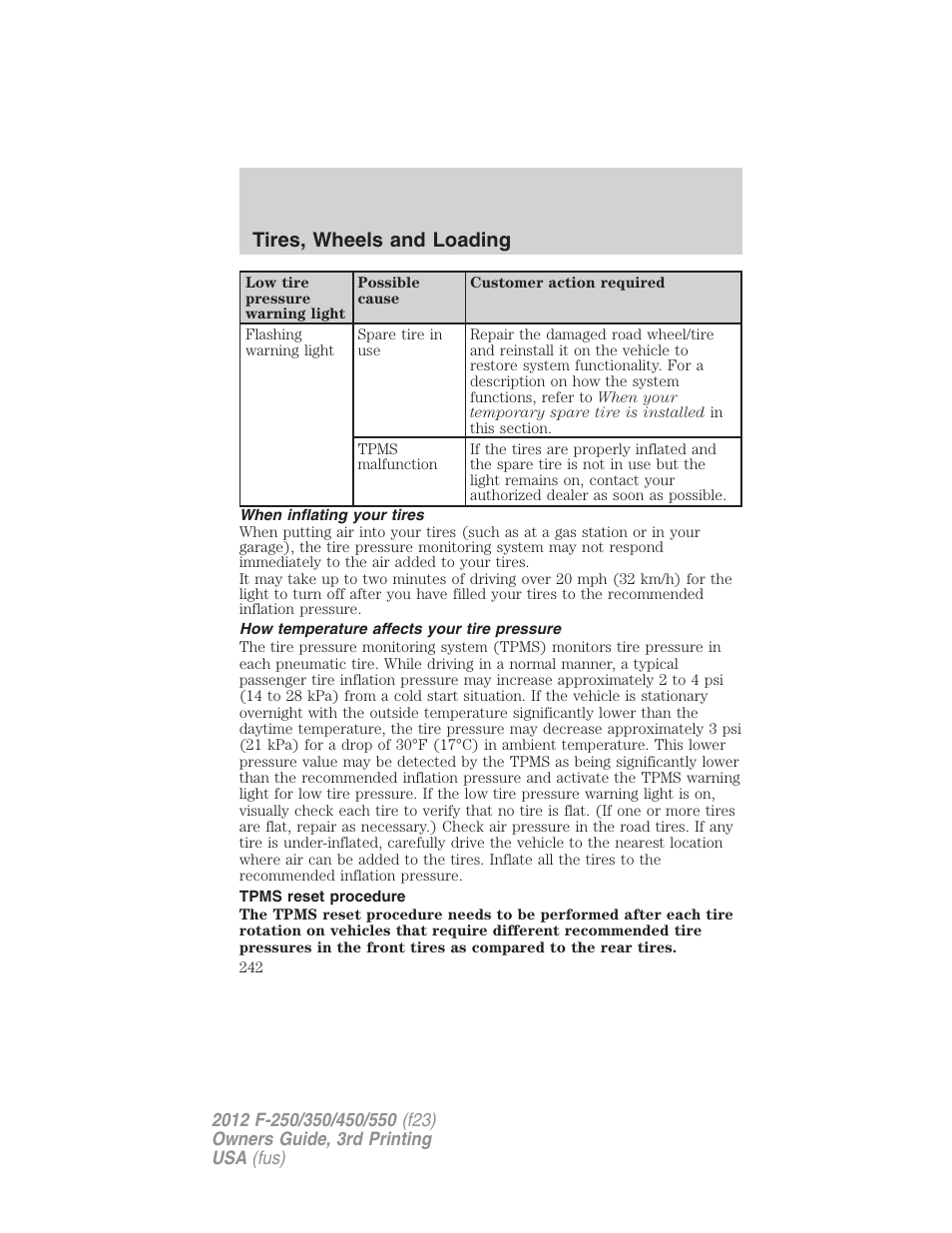 When inflating your tires, How temperature affects your tire pressure, Tpms reset procedure | Tires, wheels and loading | FORD 2012 F-550 v.3 User Manual | Page 242 / 450