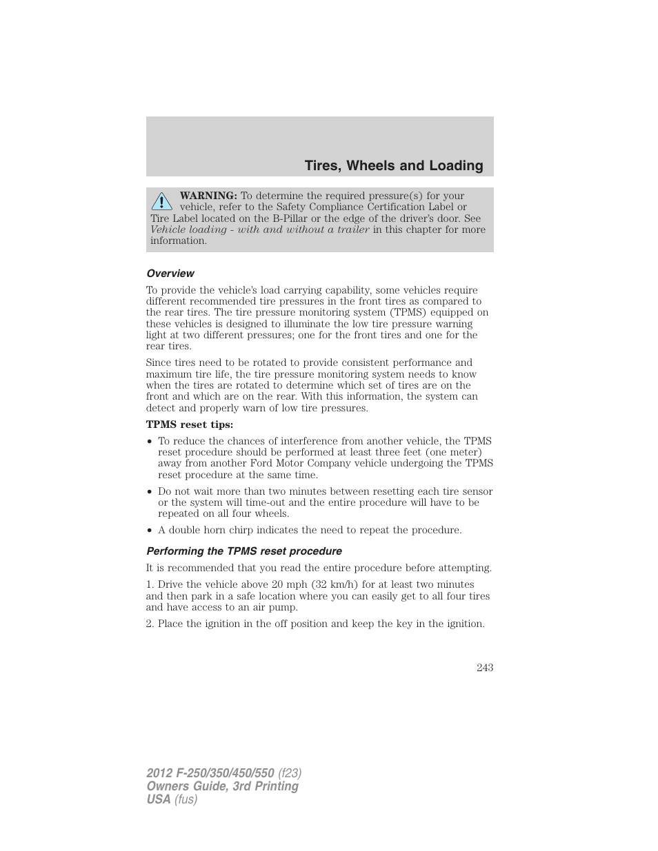 Overview, Performing the tpms reset procedure, Tires, wheels and loading | FORD 2012 F-550 v.3 User Manual | Page 243 / 450