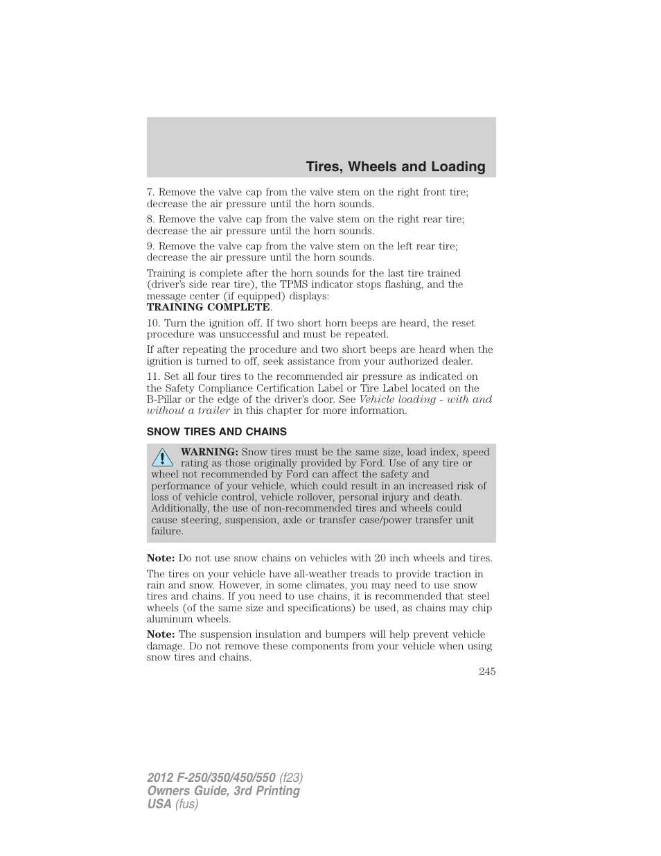 Snow tires and chains, Tires, wheels and loading | FORD 2012 F-550 v.3 User Manual | Page 245 / 450