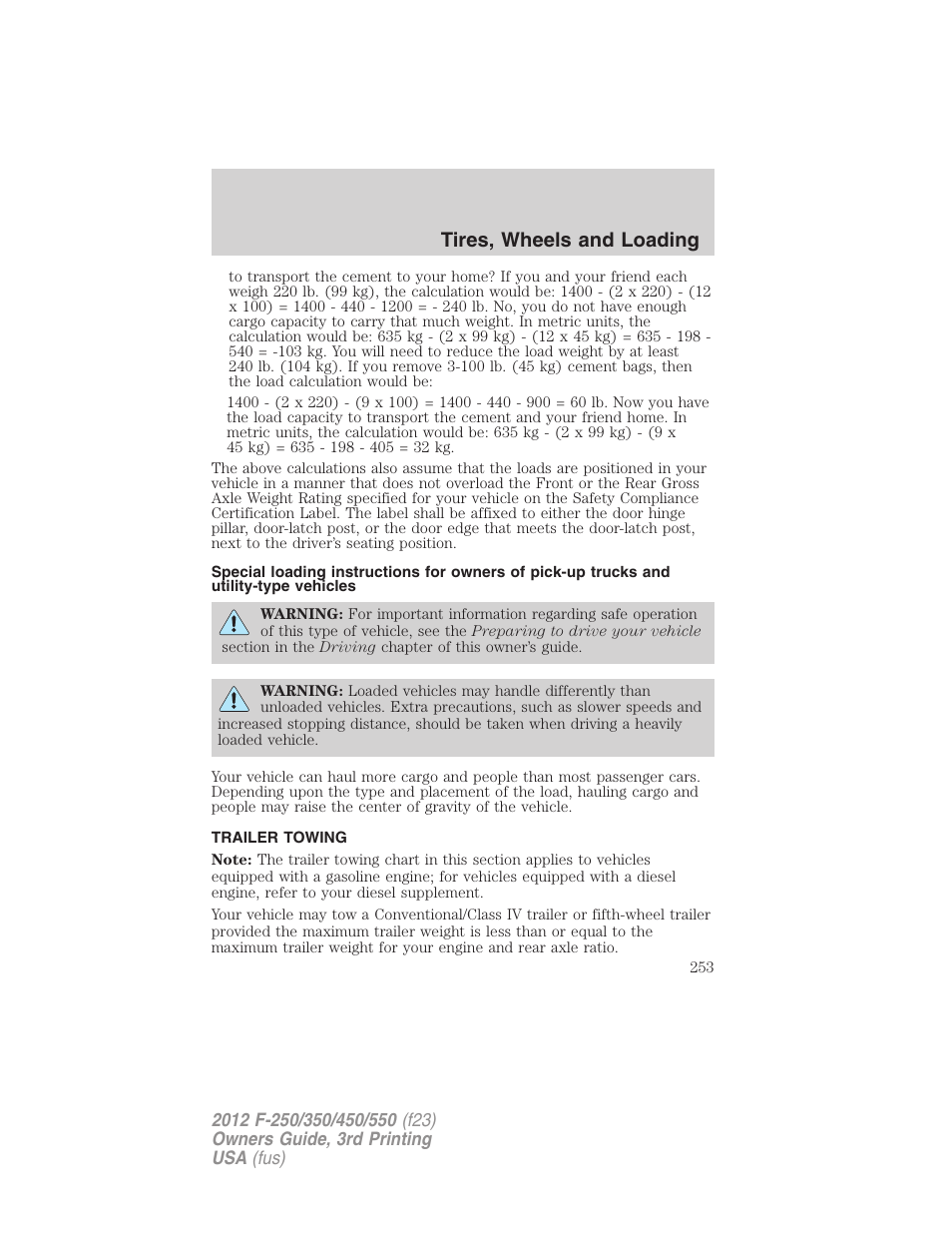 Trailer towing, Tires, wheels and loading | FORD 2012 F-550 v.3 User Manual | Page 253 / 450