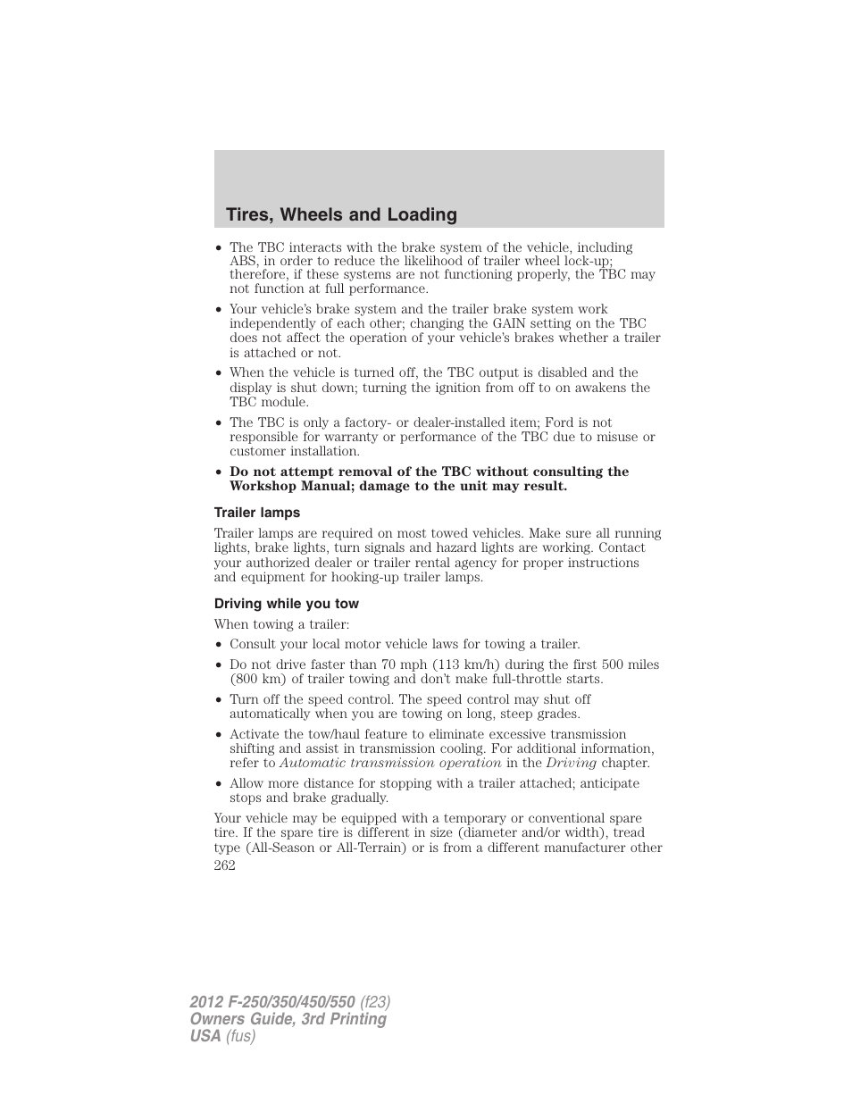 Trailer lamps, Driving while you tow, Tires, wheels and loading | FORD 2012 F-550 v.3 User Manual | Page 262 / 450