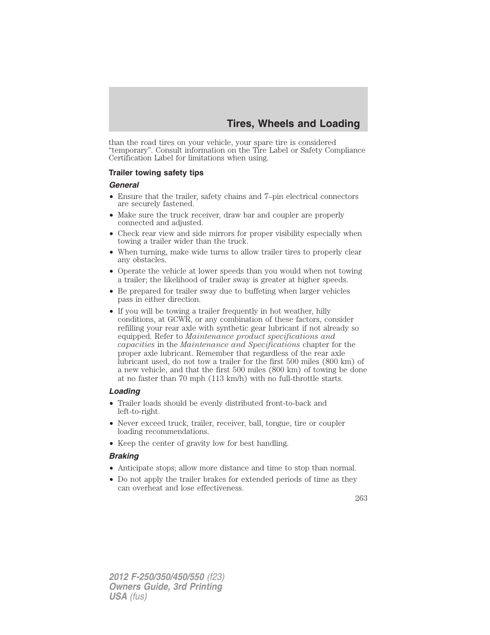Trailer towing safety tips, General, Loading | Braking, Tires, wheels and loading | FORD 2012 F-550 v.3 User Manual | Page 263 / 450