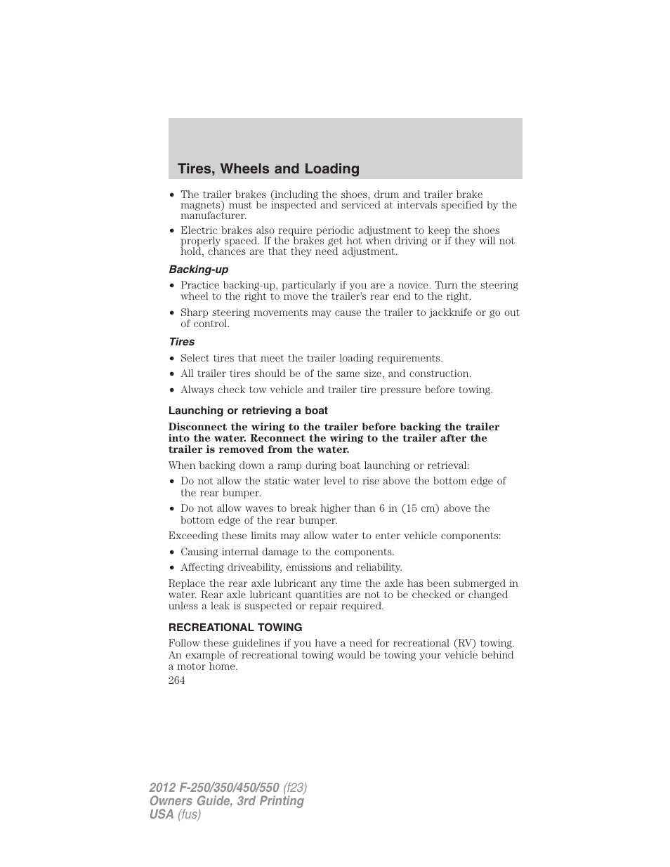 Backing-up, Tires, Launching or retrieving a boat | Recreational towing, Tires, wheels and loading | FORD 2012 F-550 v.3 User Manual | Page 264 / 450