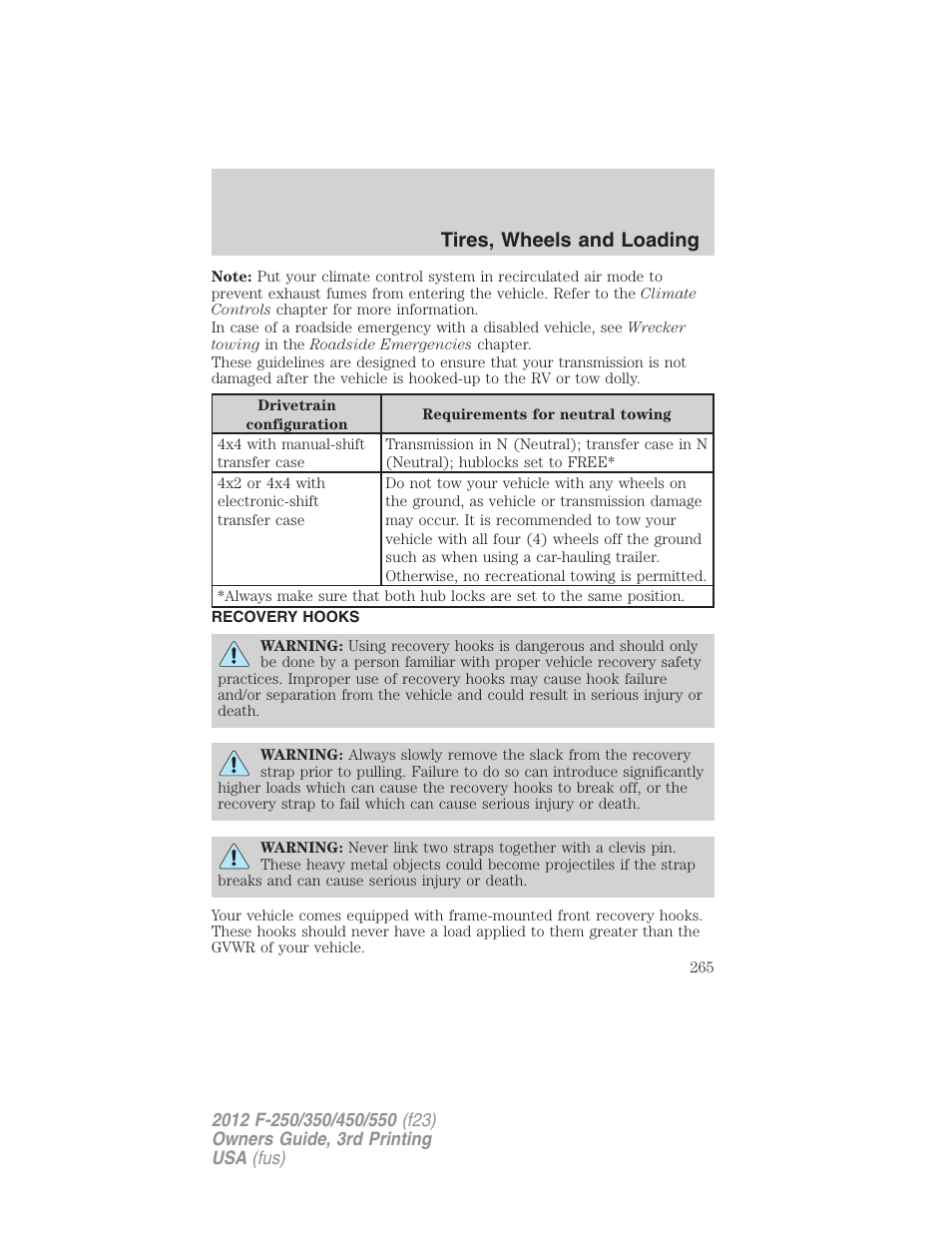 Recovery hooks, Tires, wheels and loading | FORD 2012 F-550 v.3 User Manual | Page 265 / 450