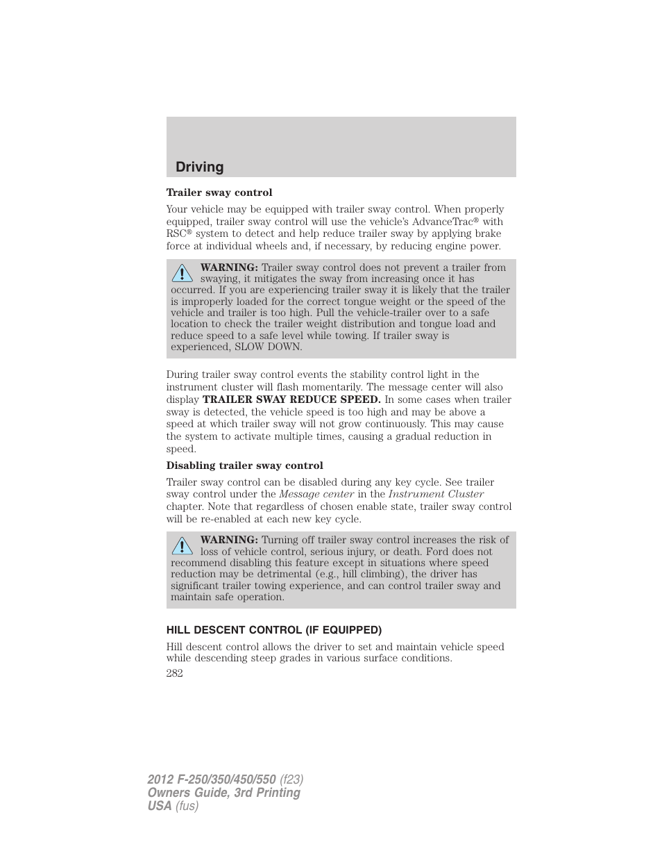Hill descent control (if equipped), Hill descent control, Driving | FORD 2012 F-550 v.3 User Manual | Page 282 / 450