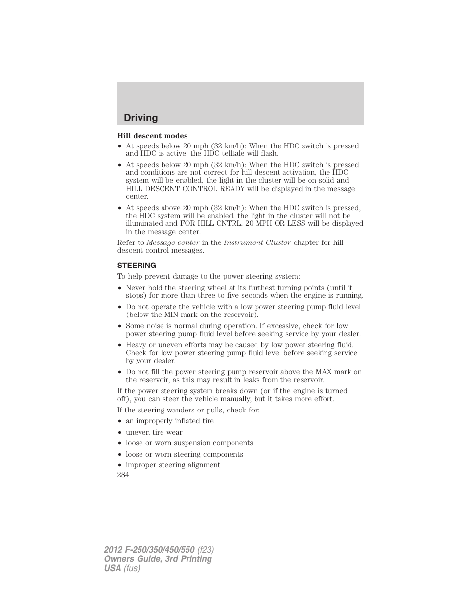 Steering, Driving | FORD 2012 F-550 v.3 User Manual | Page 284 / 450