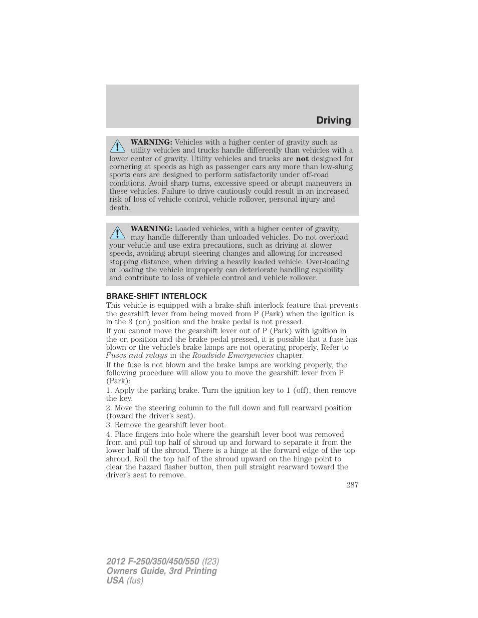 Brake-shift interlock, Driving | FORD 2012 F-550 v.3 User Manual | Page 287 / 450