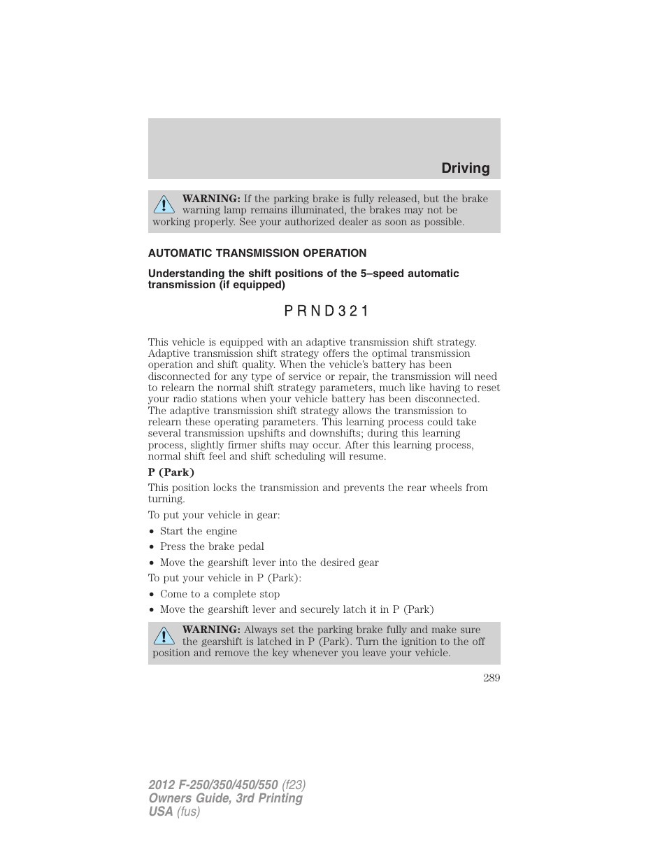 Automatic transmission operation, Transmission operation, Driving | FORD 2012 F-550 v.3 User Manual | Page 289 / 450