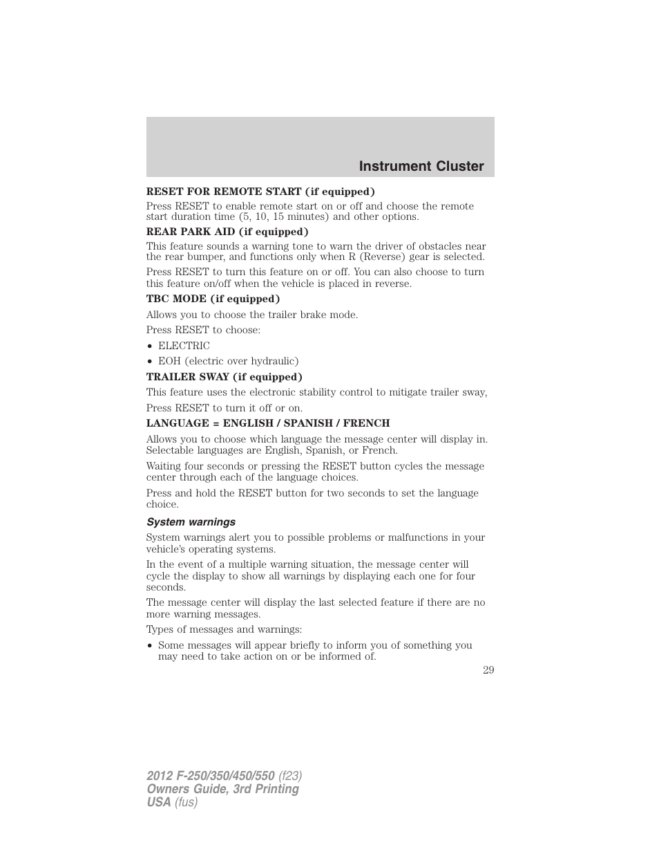 System warnings, Instrument cluster | FORD 2012 F-550 v.3 User Manual | Page 29 / 450