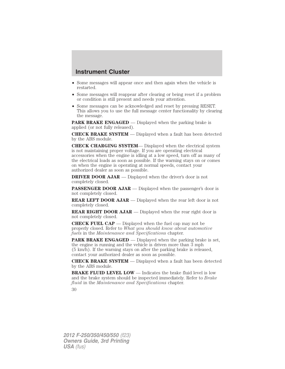 Instrument cluster | FORD 2012 F-550 v.3 User Manual | Page 30 / 450