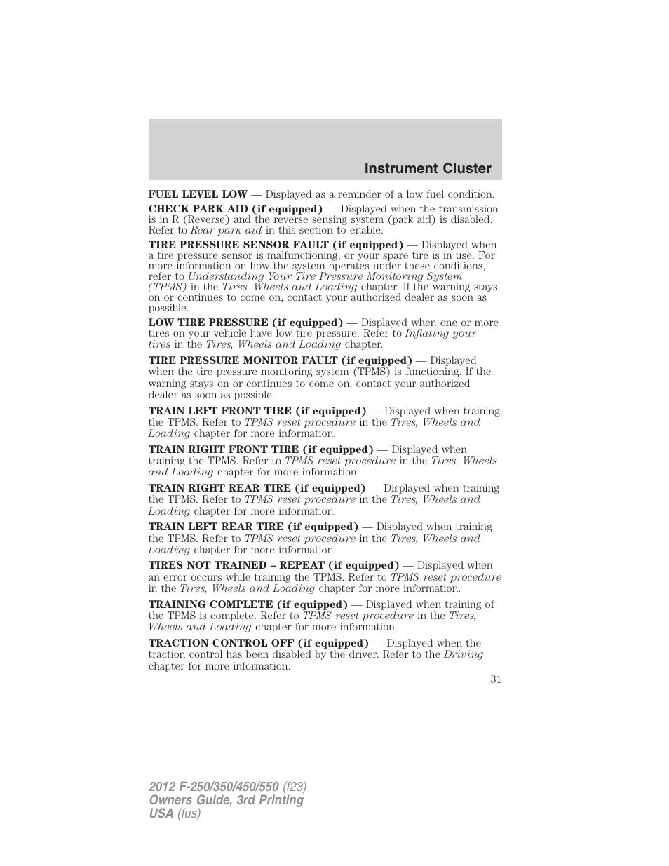 Instrument cluster | FORD 2012 F-550 v.3 User Manual | Page 31 / 450