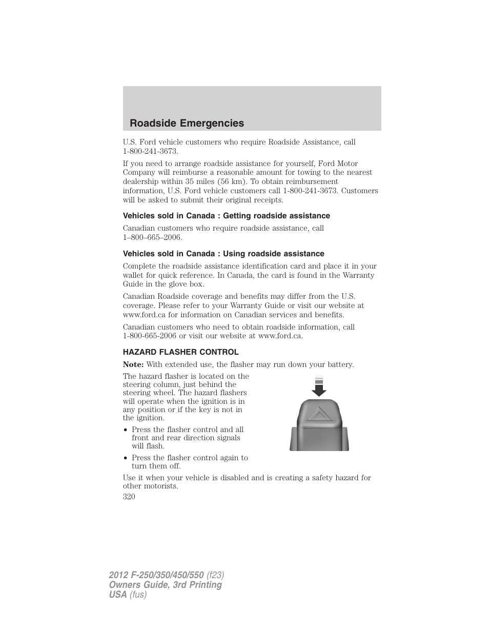 Hazard flasher control, Roadside emergencies | FORD 2012 F-550 v.3 User Manual | Page 320 / 450