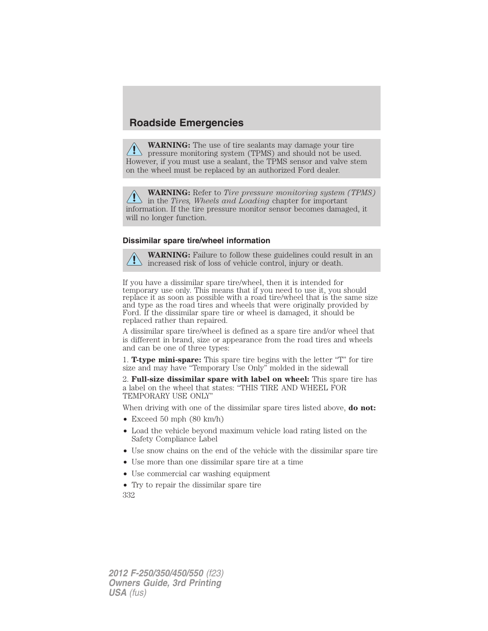 Dissimilar spare tire/wheel information, Roadside emergencies | FORD 2012 F-550 v.3 User Manual | Page 332 / 450