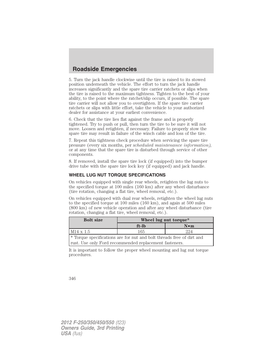 Wheel lug nut torque specifications, Wheel lug nut torque, Roadside emergencies | FORD 2012 F-550 v.3 User Manual | Page 346 / 450