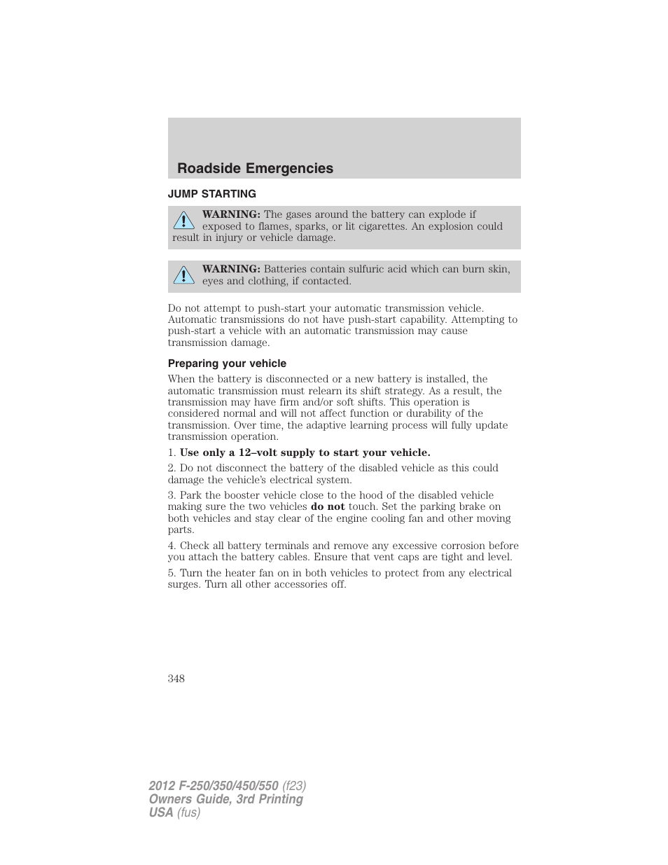Jump starting, Preparing your vehicle, Roadside emergencies | FORD 2012 F-550 v.3 User Manual | Page 348 / 450