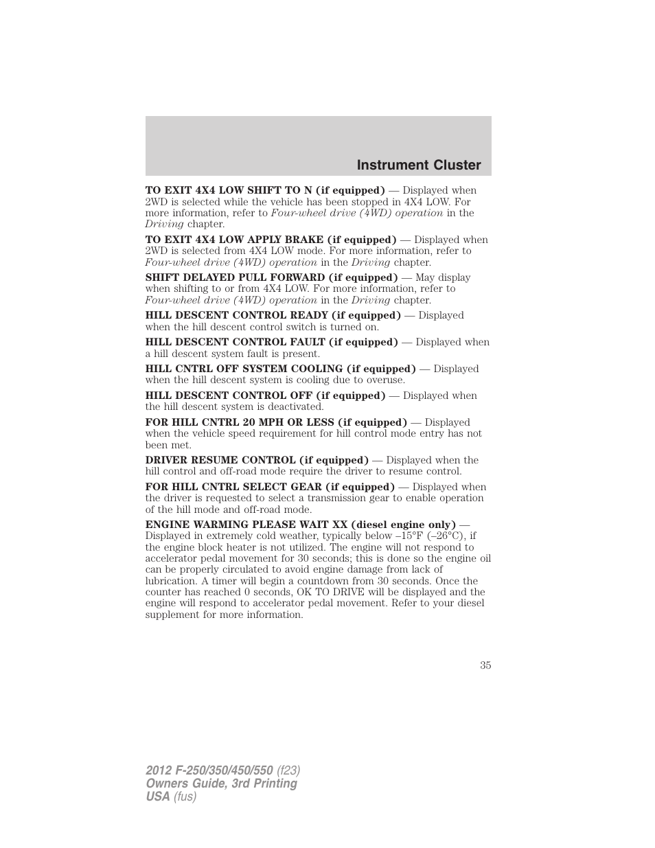Instrument cluster | FORD 2012 F-550 v.3 User Manual | Page 35 / 450