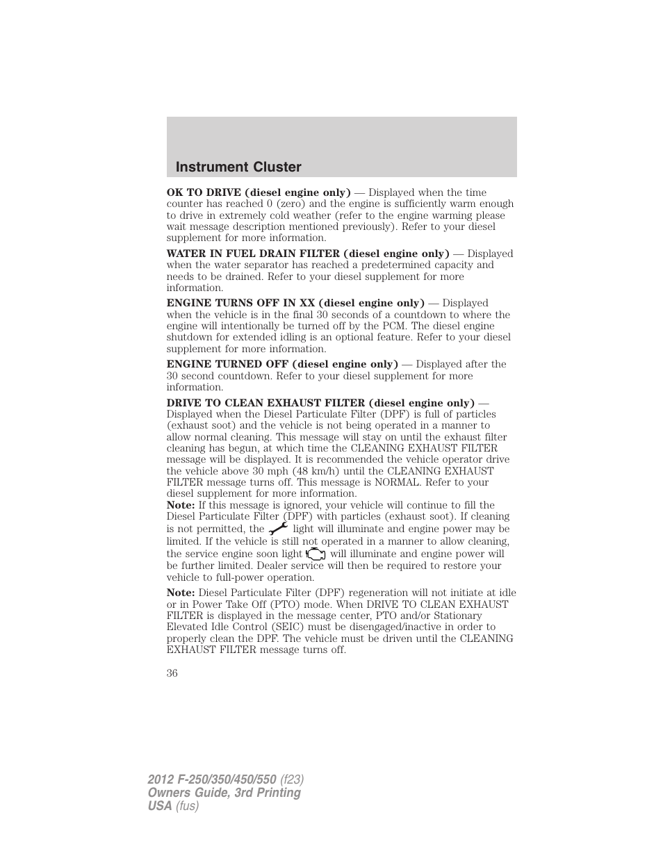 Instrument cluster | FORD 2012 F-550 v.3 User Manual | Page 36 / 450