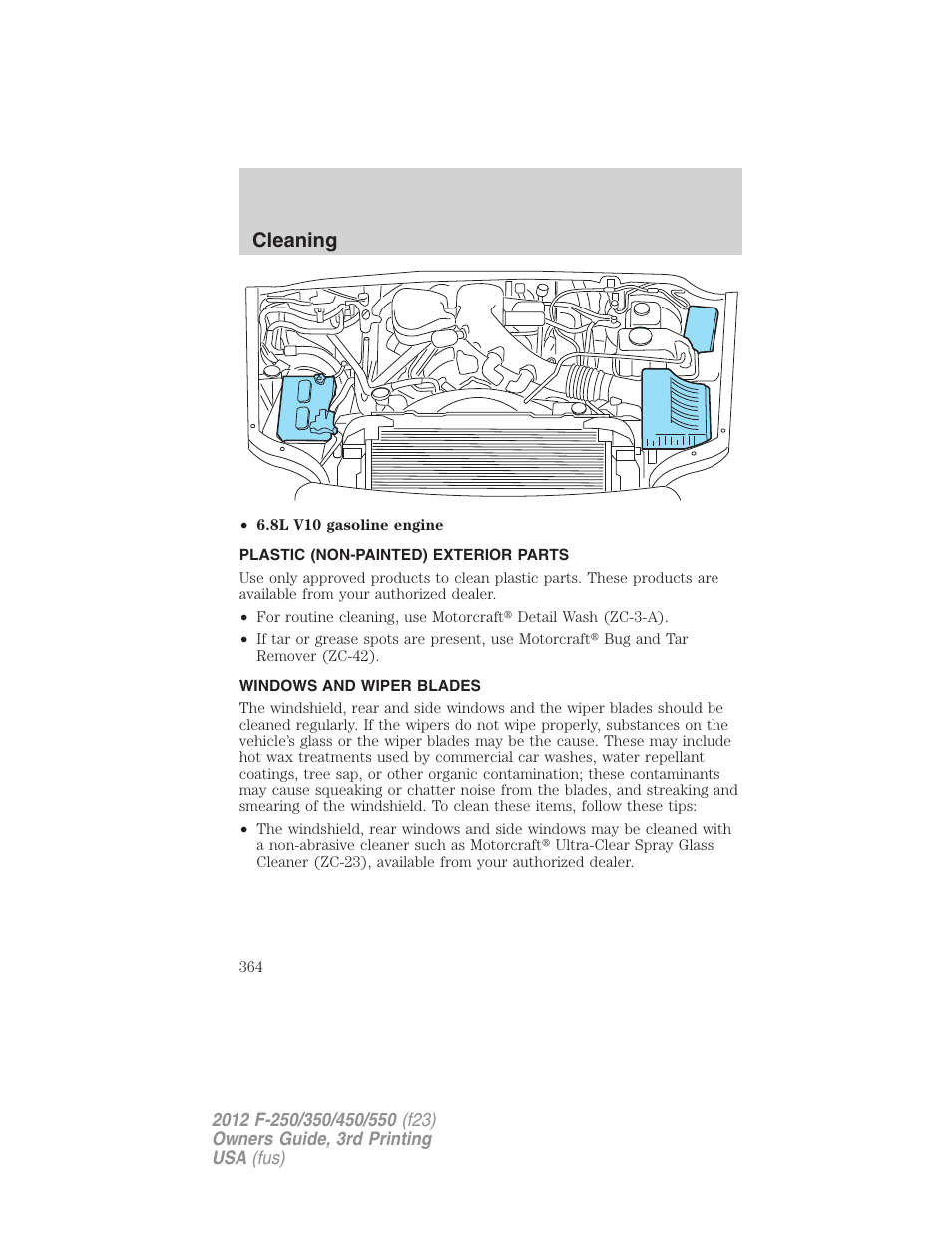 Plastic (non-painted) exterior parts, Windows and wiper blades, Cleaning | FORD 2012 F-550 v.3 User Manual | Page 364 / 450