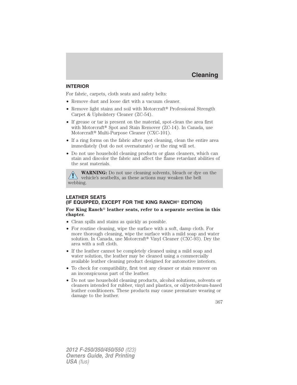 Interior, Cleaning | FORD 2012 F-550 v.3 User Manual | Page 367 / 450