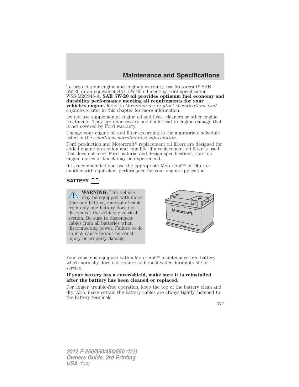 Battery, Maintenance and specifications | FORD 2012 F-550 v.3 User Manual | Page 377 / 450