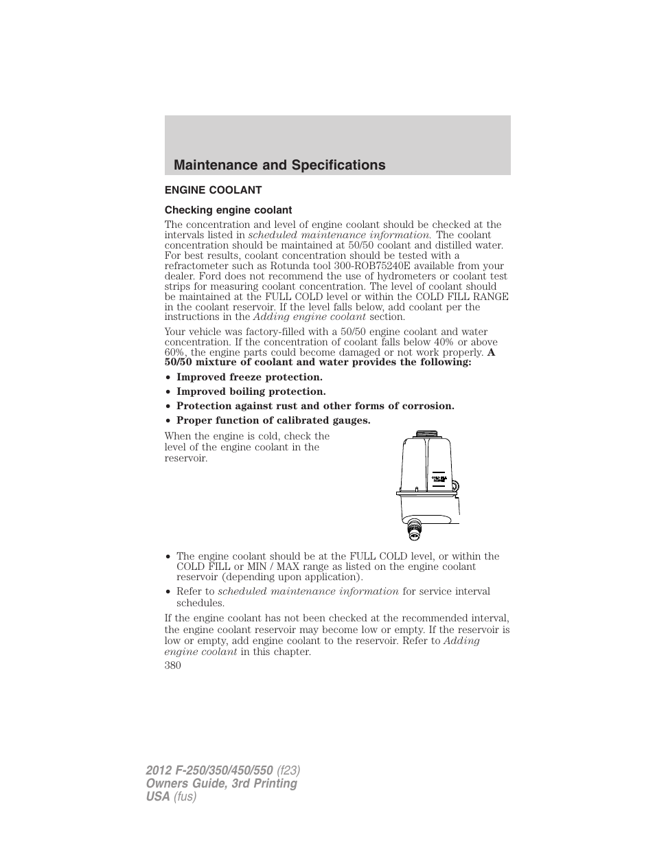 Engine coolant, Checking engine coolant, Maintenance and specifications | FORD 2012 F-550 v.3 User Manual | Page 380 / 450