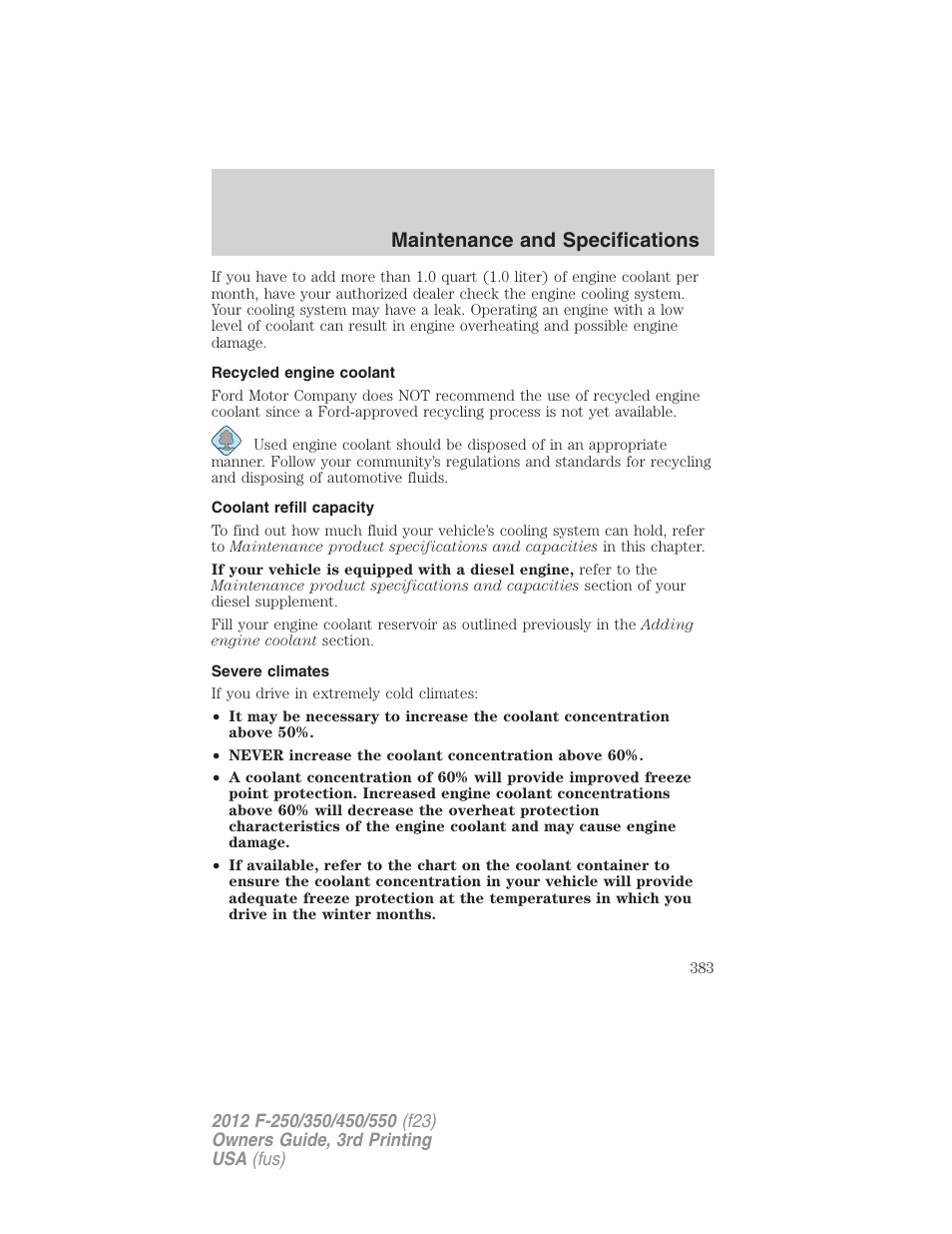 Recycled engine coolant, Coolant refill capacity, Severe climates | Maintenance and specifications | FORD 2012 F-550 v.3 User Manual | Page 383 / 450