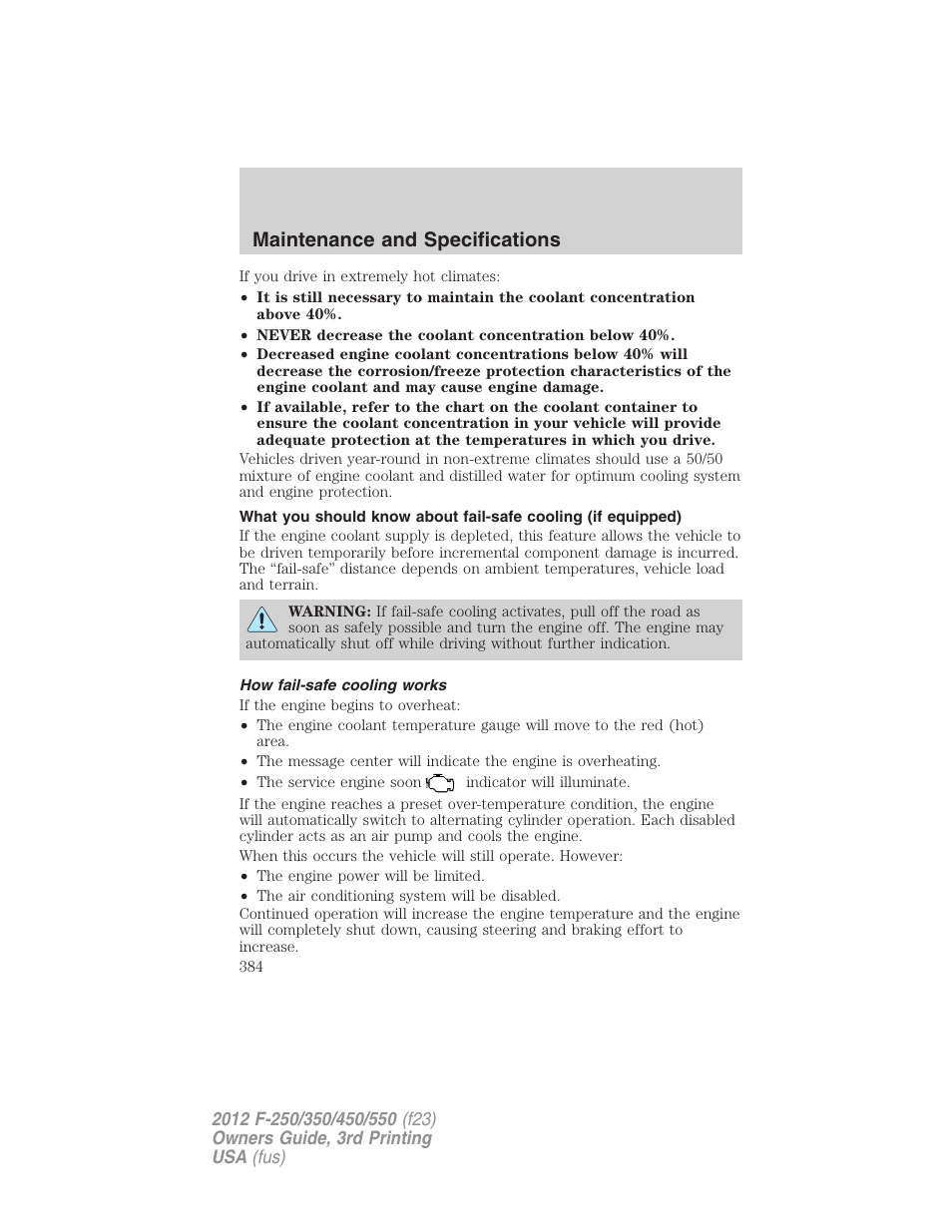 How fail-safe cooling works, Maintenance and specifications | FORD 2012 F-550 v.3 User Manual | Page 384 / 450