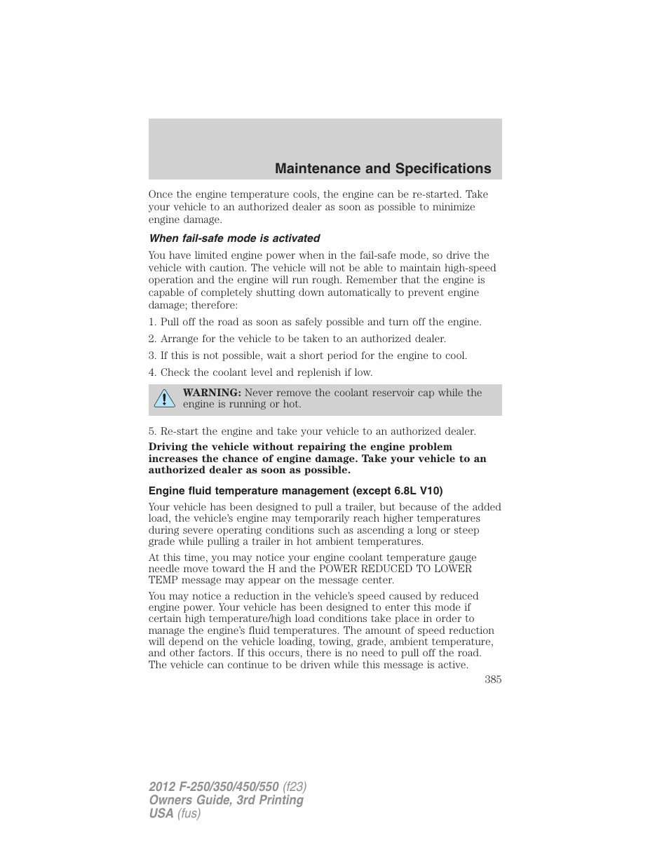 When fail-safe mode is activated, Maintenance and specifications | FORD 2012 F-550 v.3 User Manual | Page 385 / 450