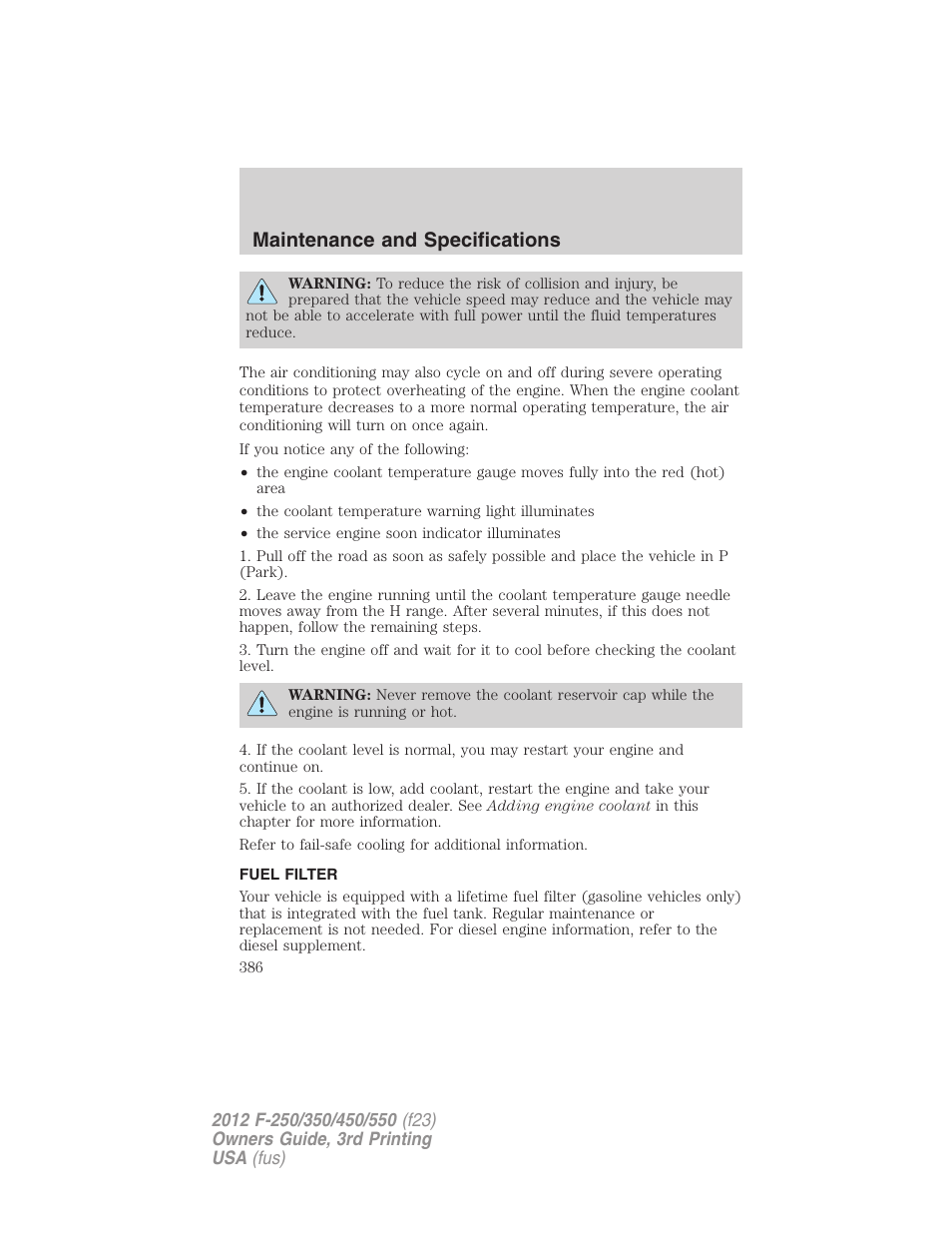 Fuel filter, Maintenance and specifications | FORD 2012 F-550 v.3 User Manual | Page 386 / 450