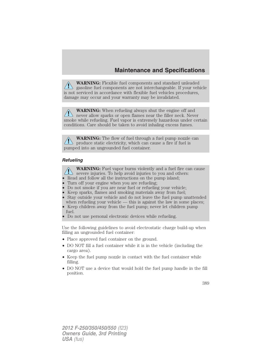 Refueling, Maintenance and specifications | FORD 2012 F-550 v.3 User Manual | Page 389 / 450