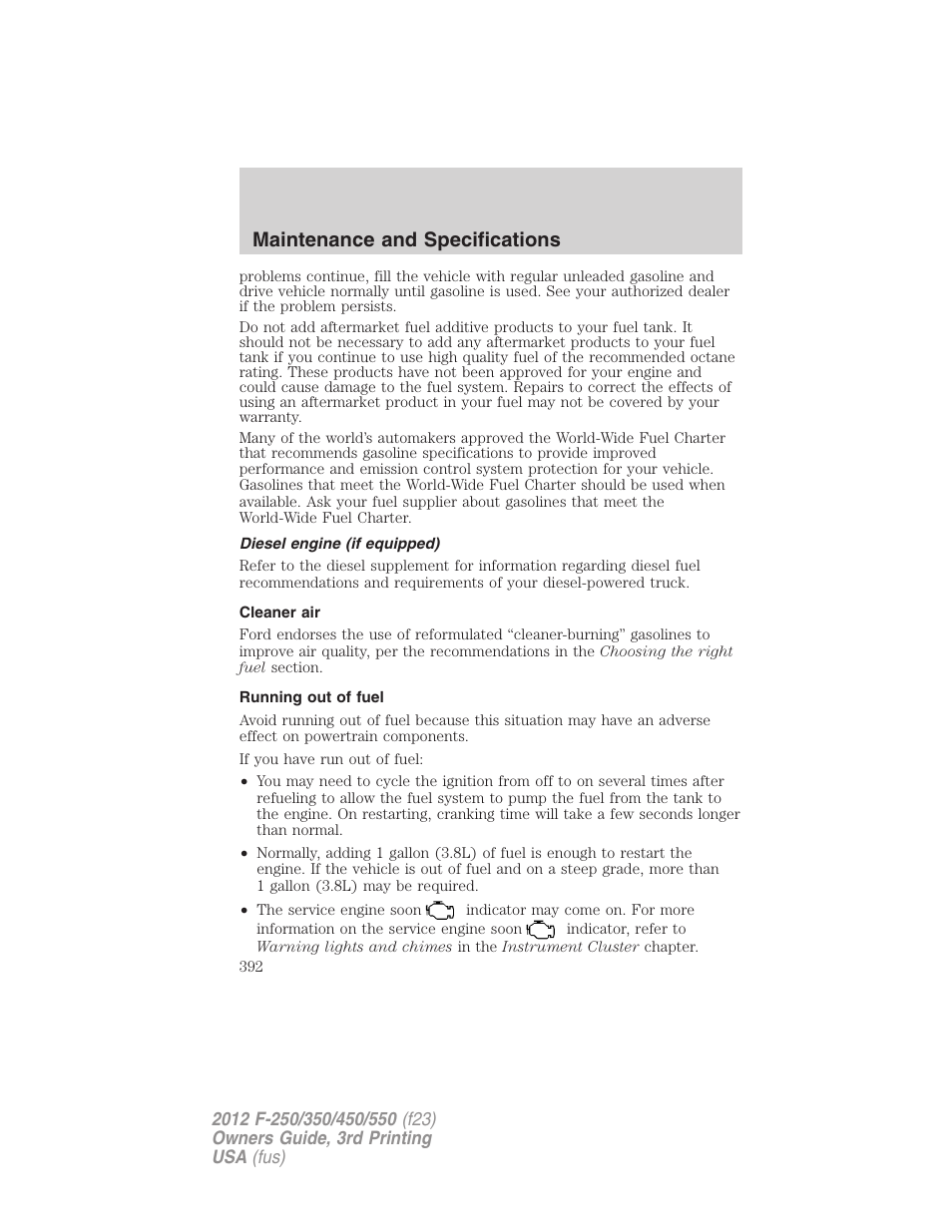 Diesel engine (if equipped), Cleaner air, Running out of fuel | Maintenance and specifications | FORD 2012 F-550 v.3 User Manual | Page 392 / 450