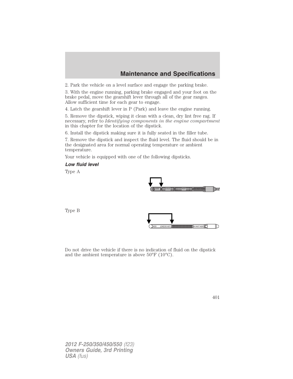 Low fluid level, Maintenance and specifications | FORD 2012 F-550 v.3 User Manual | Page 401 / 450