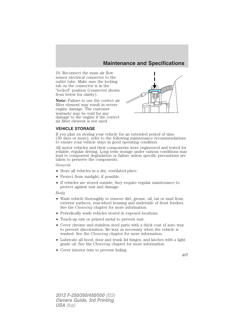 Vehicle storage, Maintenance and specifications | FORD 2012 F-550 v.3 User Manual | Page 407 / 450