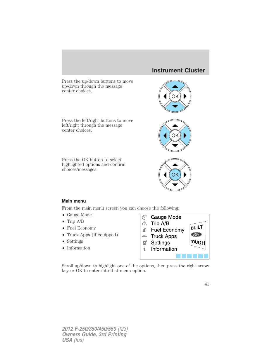 Main menu, Instrument cluster | FORD 2012 F-550 v.3 User Manual | Page 41 / 450