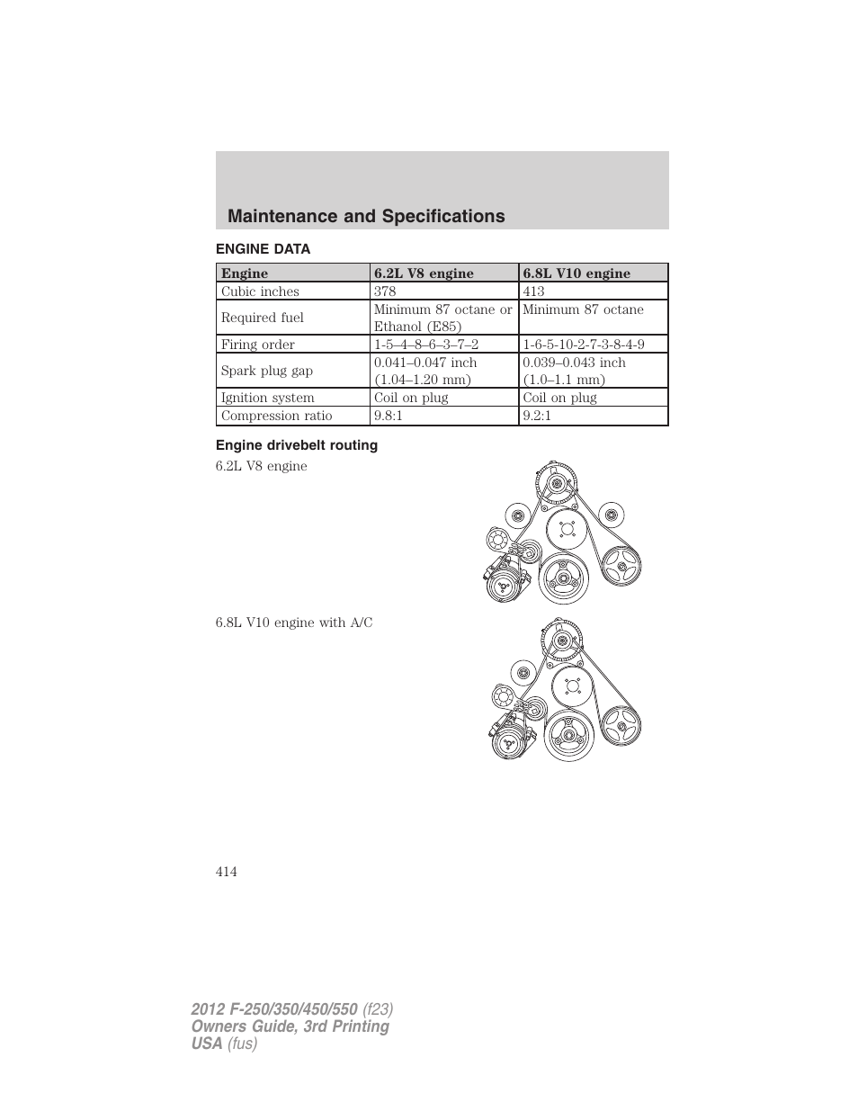 Engine data, Engine drivebelt routing, Maintenance and specifications | FORD 2012 F-550 v.3 User Manual | Page 414 / 450